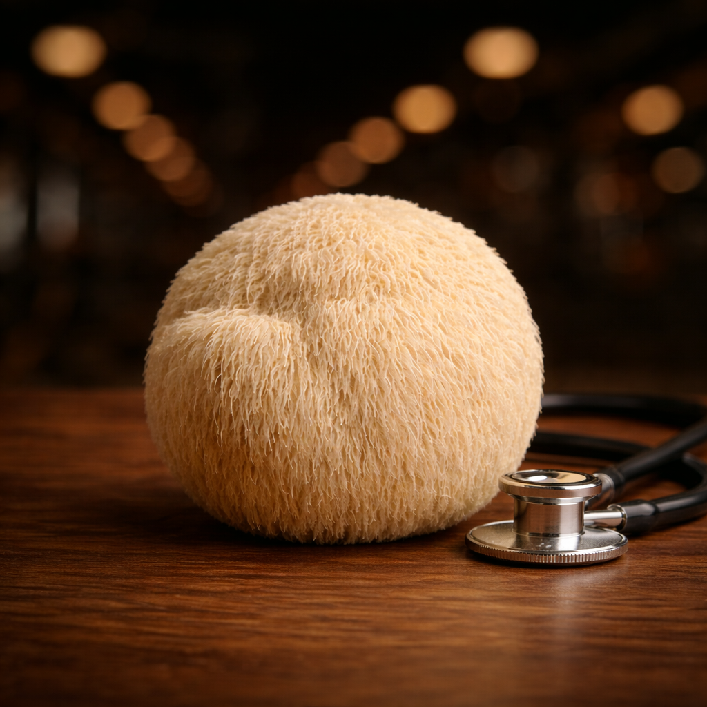 Lion’s mane mushroom on a wooden table with a stethoscope, representing scientific research and health applications