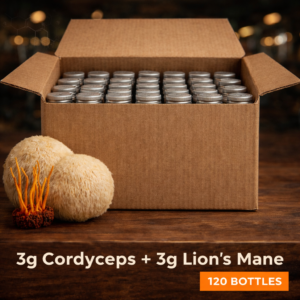 Bulk order case of Mydos mushroom-based energy shots with bottle caps visible