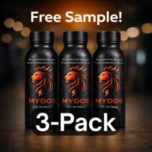 Three matte black Mydos mushroom-based performance shot bottles displayed in a 3-pack promotional image with a warm blurred background and bold website-style offer text.