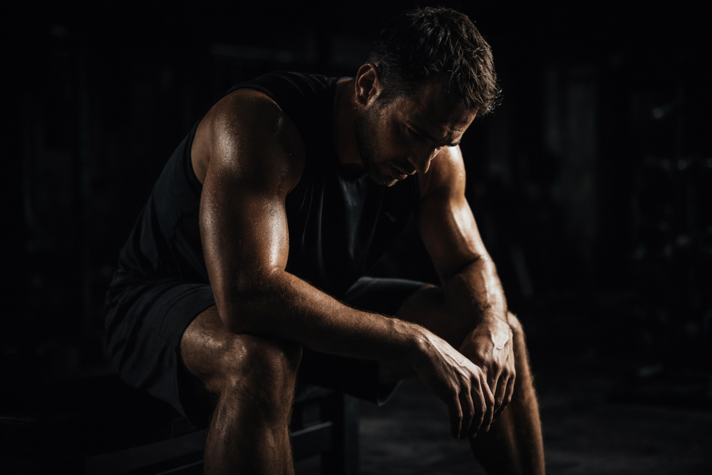 Exhausted male athlete sitting on a gym bench under dramatic low lighting, showing controlled fatigue after intense training