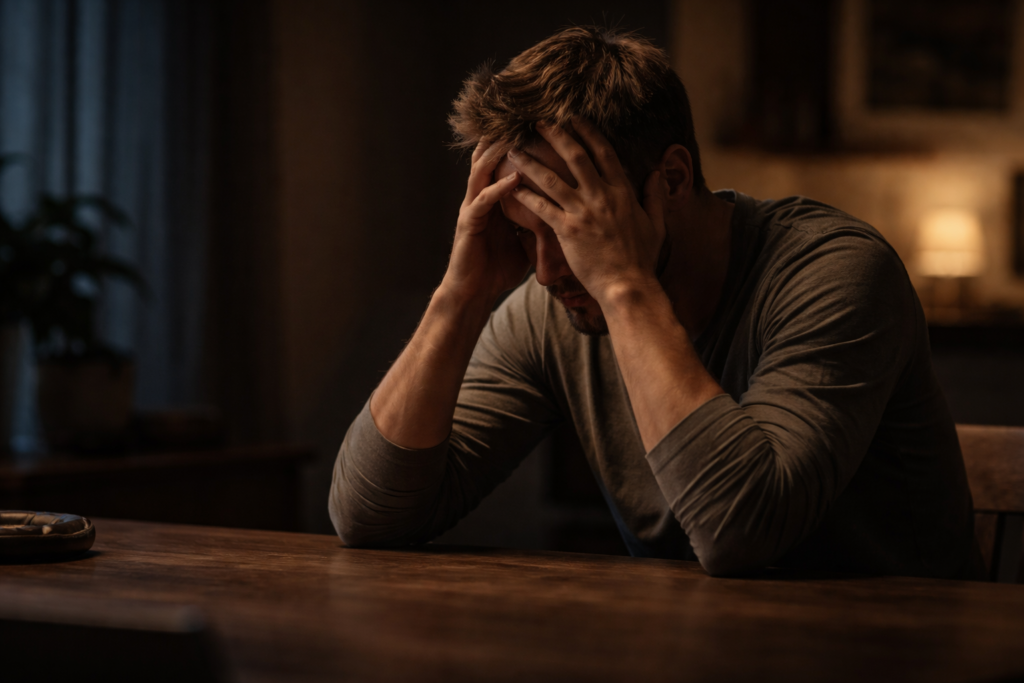 Why am I always tired. Person sitting alone in dim evening light with head in hands, showing physical and cognitive fatigue after a long day