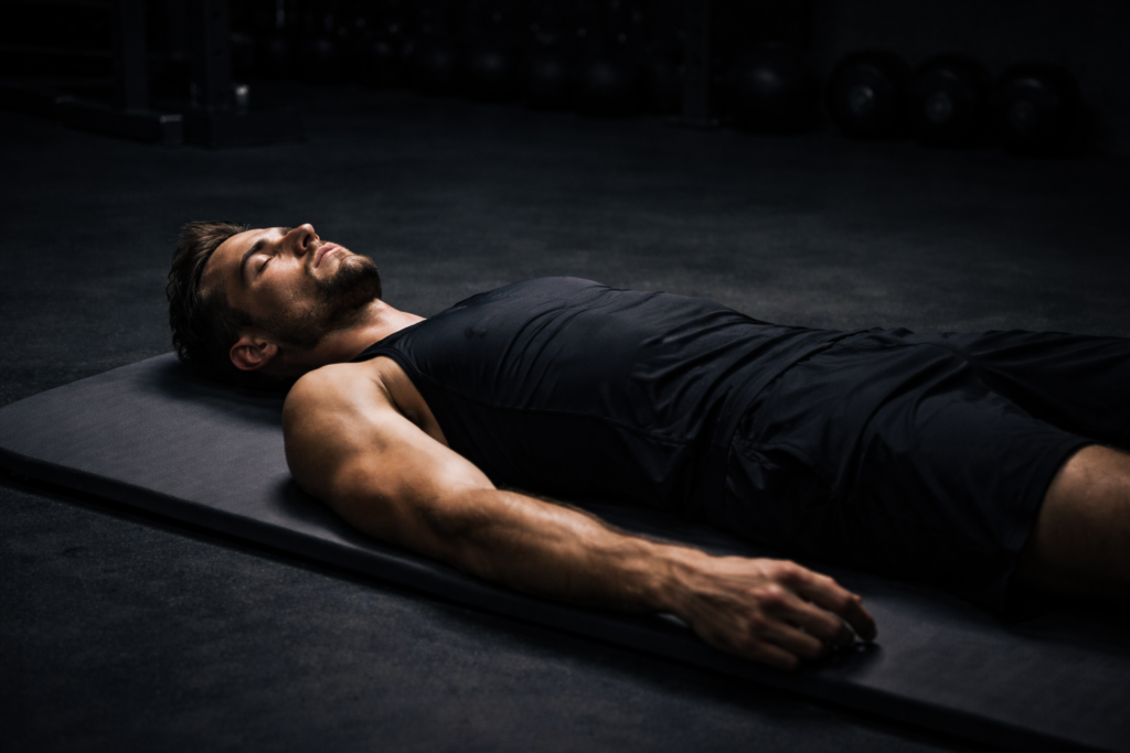 Male athlete lying still on a gym mat under dim lighting, representing physical fatigue and recovery
