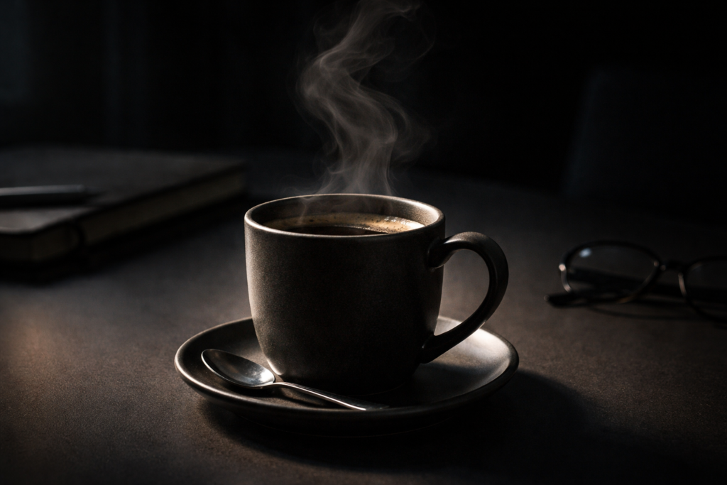 Steaming black coffee in a ceramic cup on a dark desk, representing fatigue and the search for sustained energy