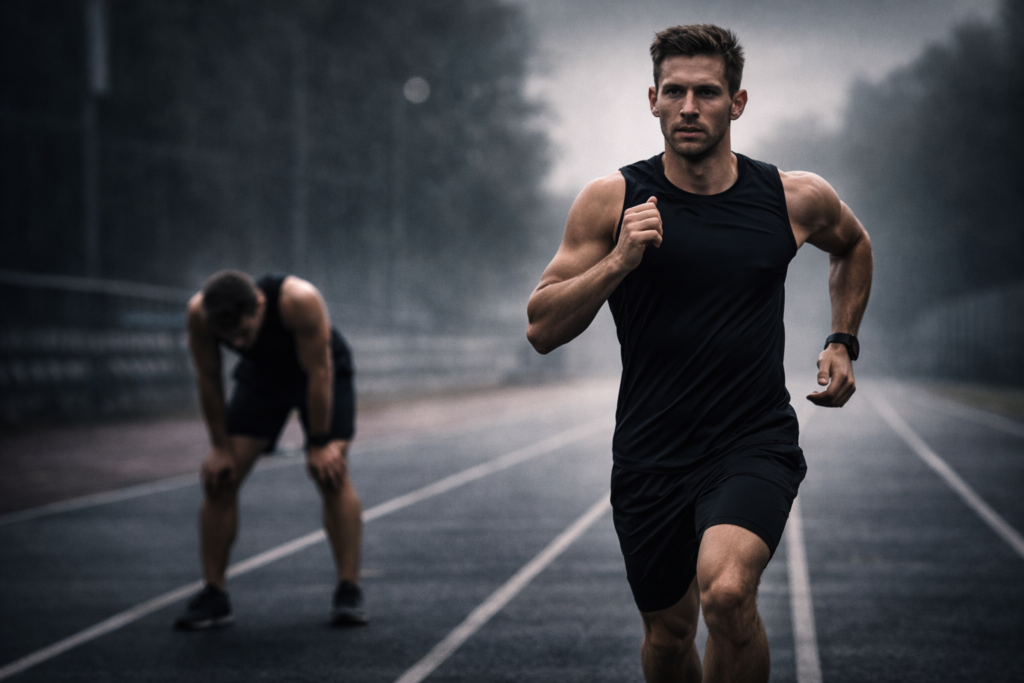 Focused athlete running in the foreground with exhausted athlete blurred in the background, illustrating repeatable performance vs fatigue