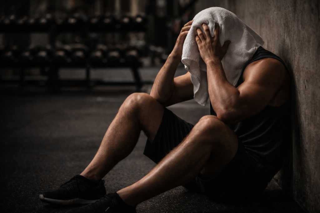 Person sitting on gym floor against wall with towel over head, showing post-training physical and mental fatigue