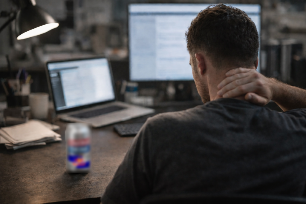 Man seen from behind at desk considering a blurred energy drink can while fatigued in a dim office setting, illustrating caffeine crash context