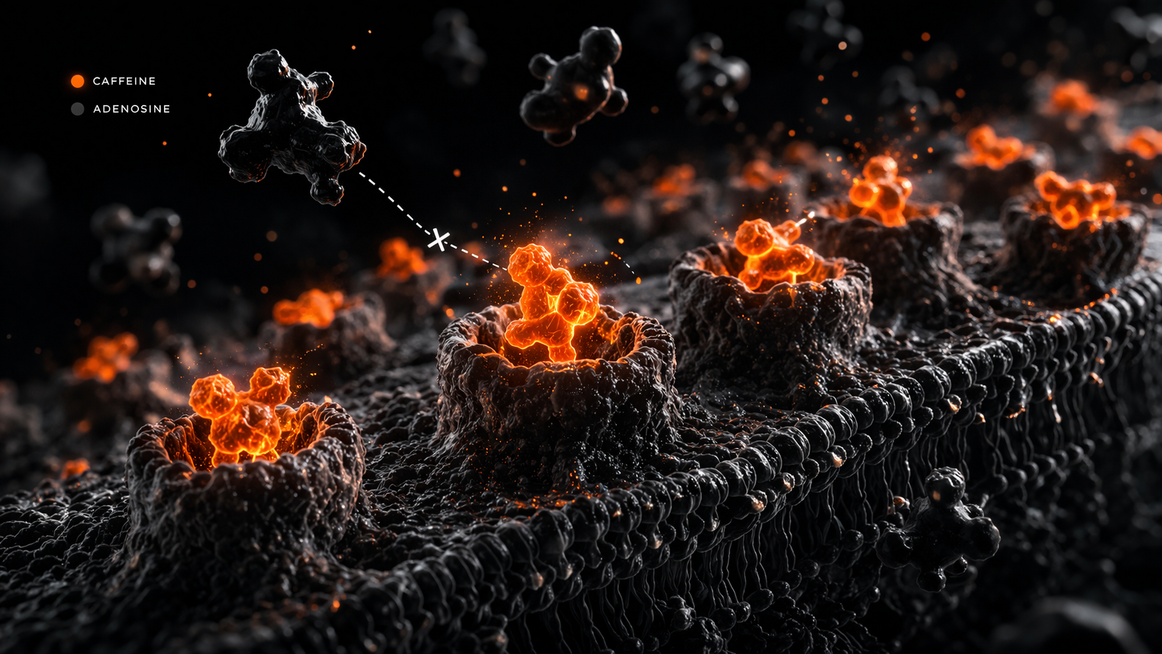 Macro render of adenosine receptor sites occupied by caffeine molecules, illustrating competitive antagonism mechanism