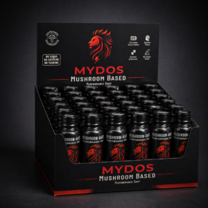 Mydos mushroom based performance shot display tray with black bottles and cordyceps energy formula