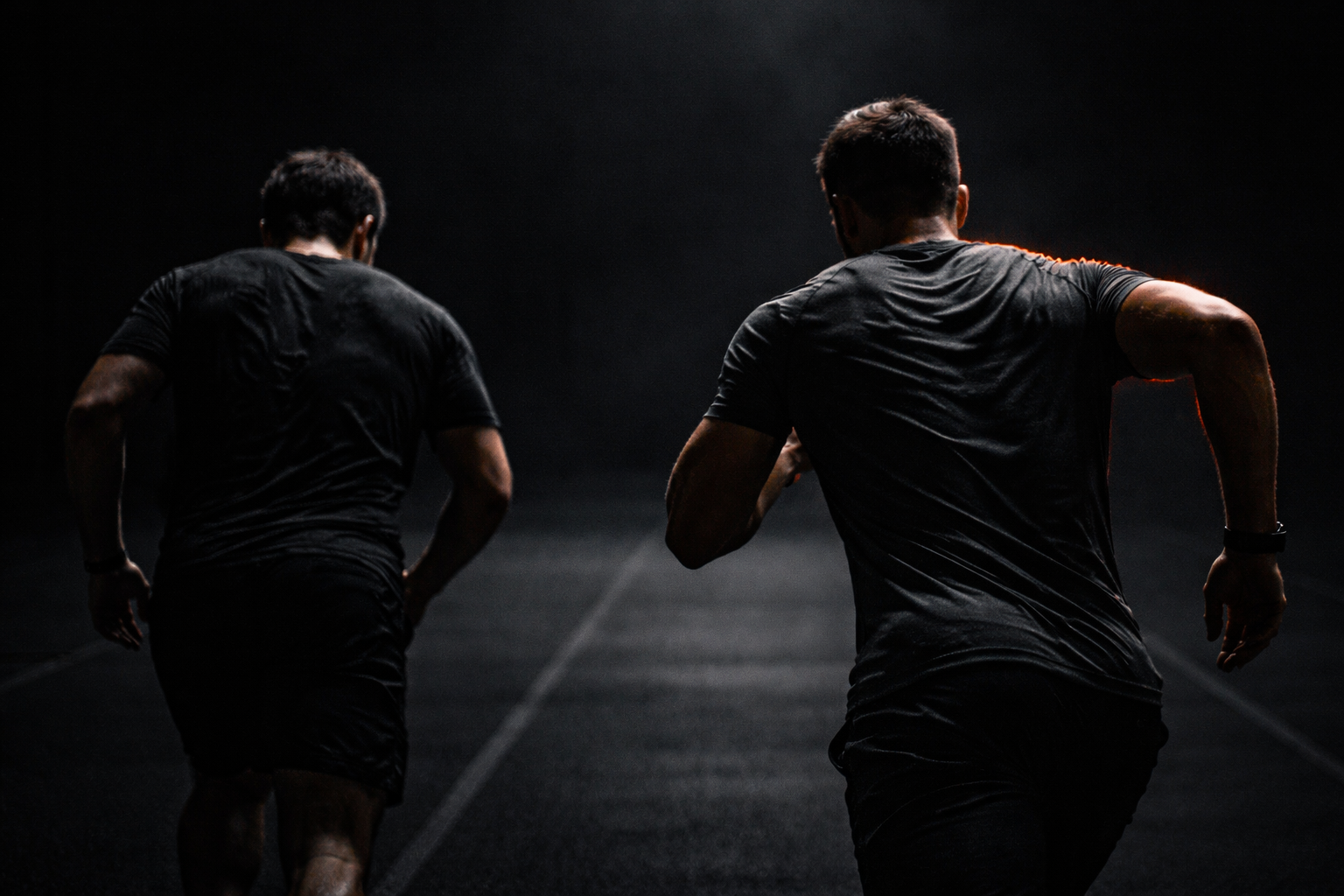Two athletes in training showing performance gap — mitochondrial density as determinant of sustained output capacity
