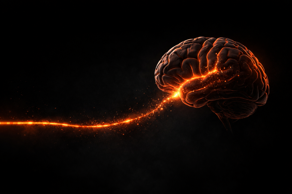 Brain with diminishing energy supply line representing reduced glucose availability during exercise