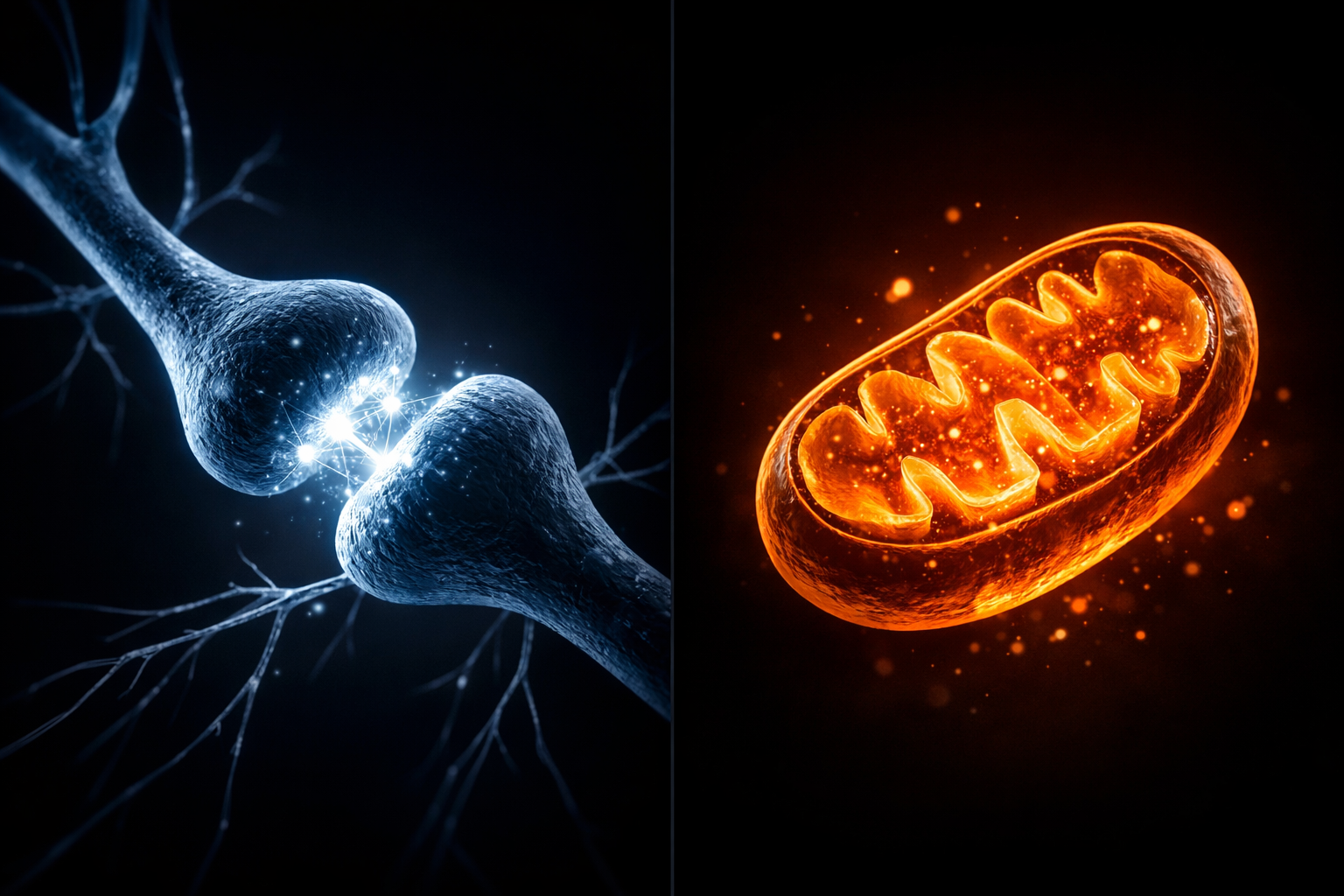 3D render of a neuron signaling node and a mitochondrion side by side — signaling versus capacity as distinct systems.