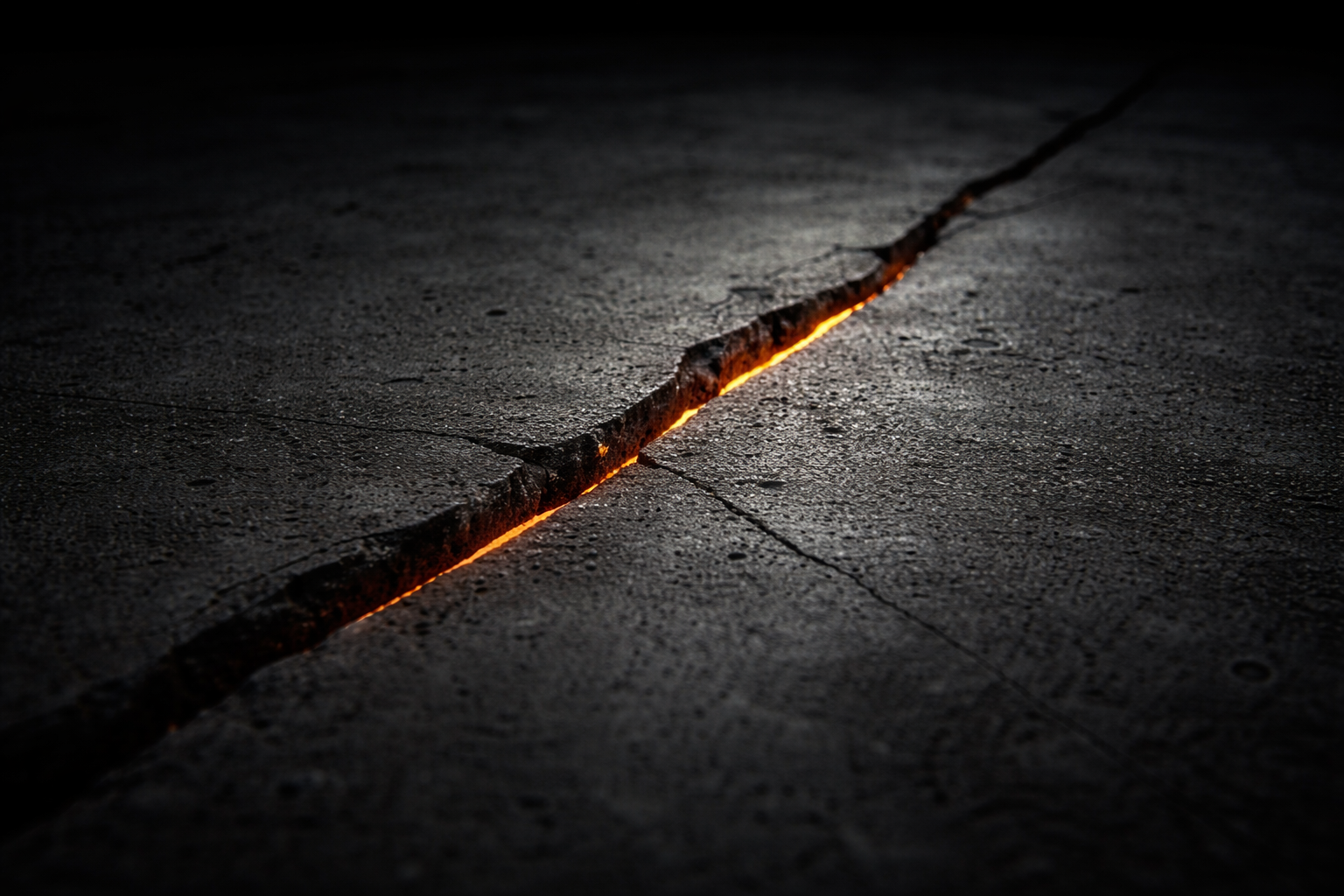 A cracked dark surface with orange light bleeding through the fracture — structural failure under sustained load, not sudden collapse.