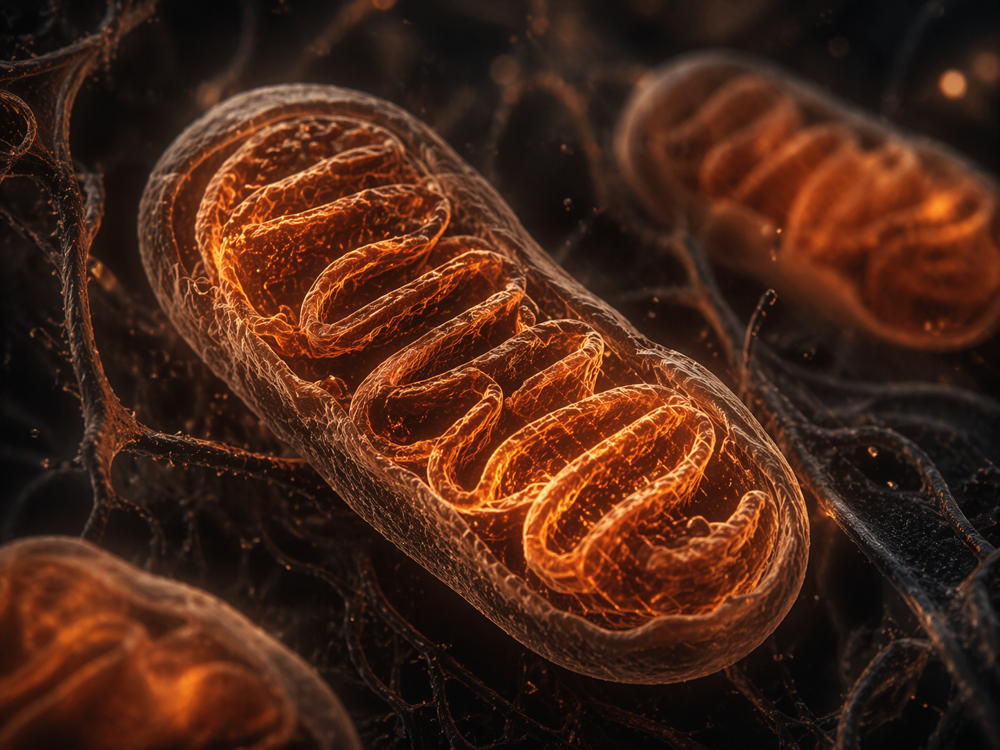 Close-up rendering of mitochondria. Performance optimization sciene.