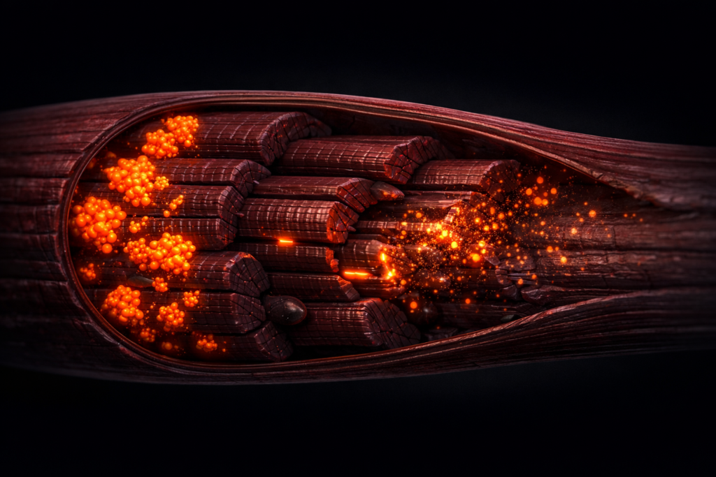 Muscle fiber cross-section showing glycogen granules being depleted during exercise