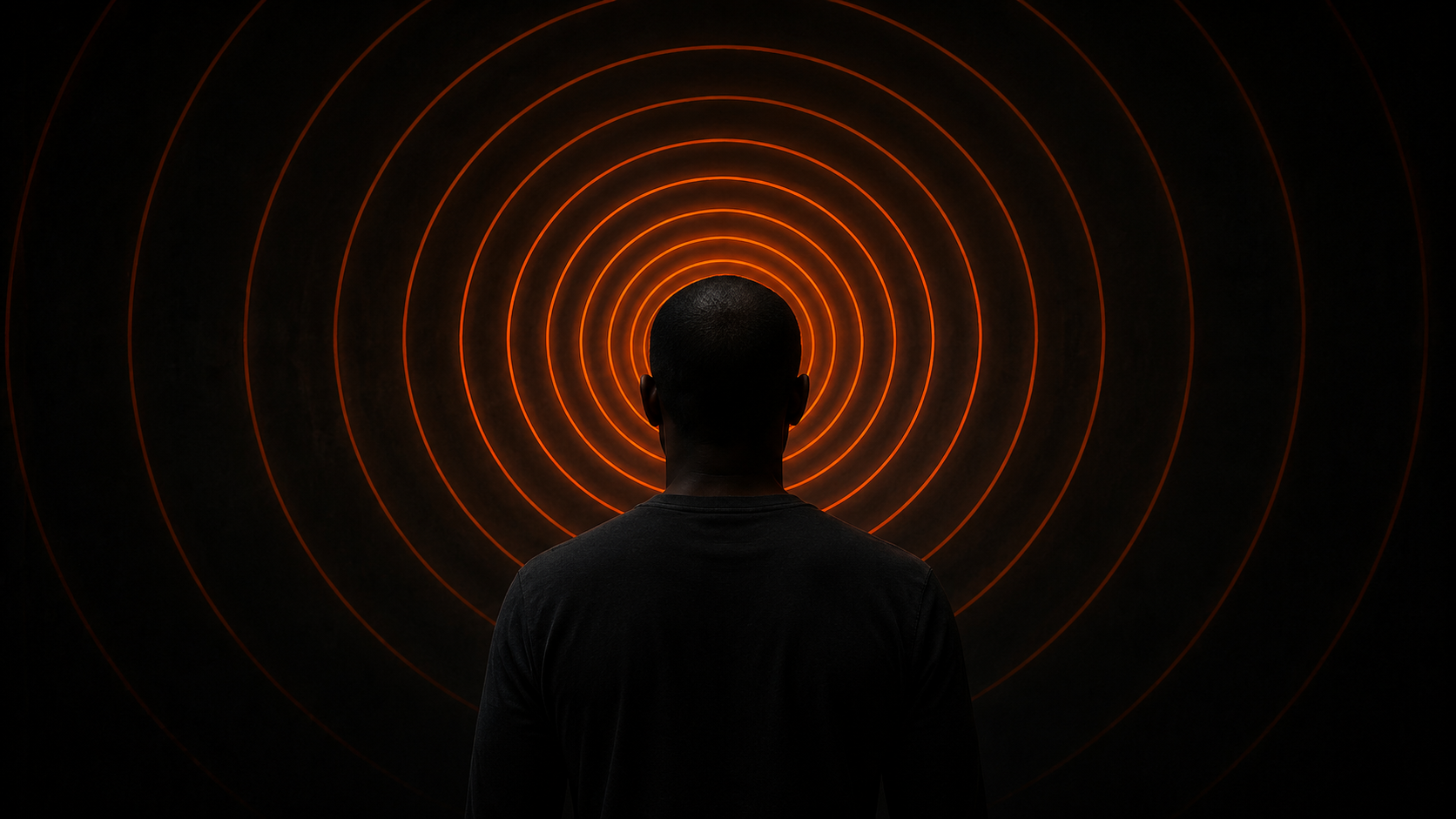Dark silhouette with orange signal rings emanating from the head — brain registering effort cost during exercise