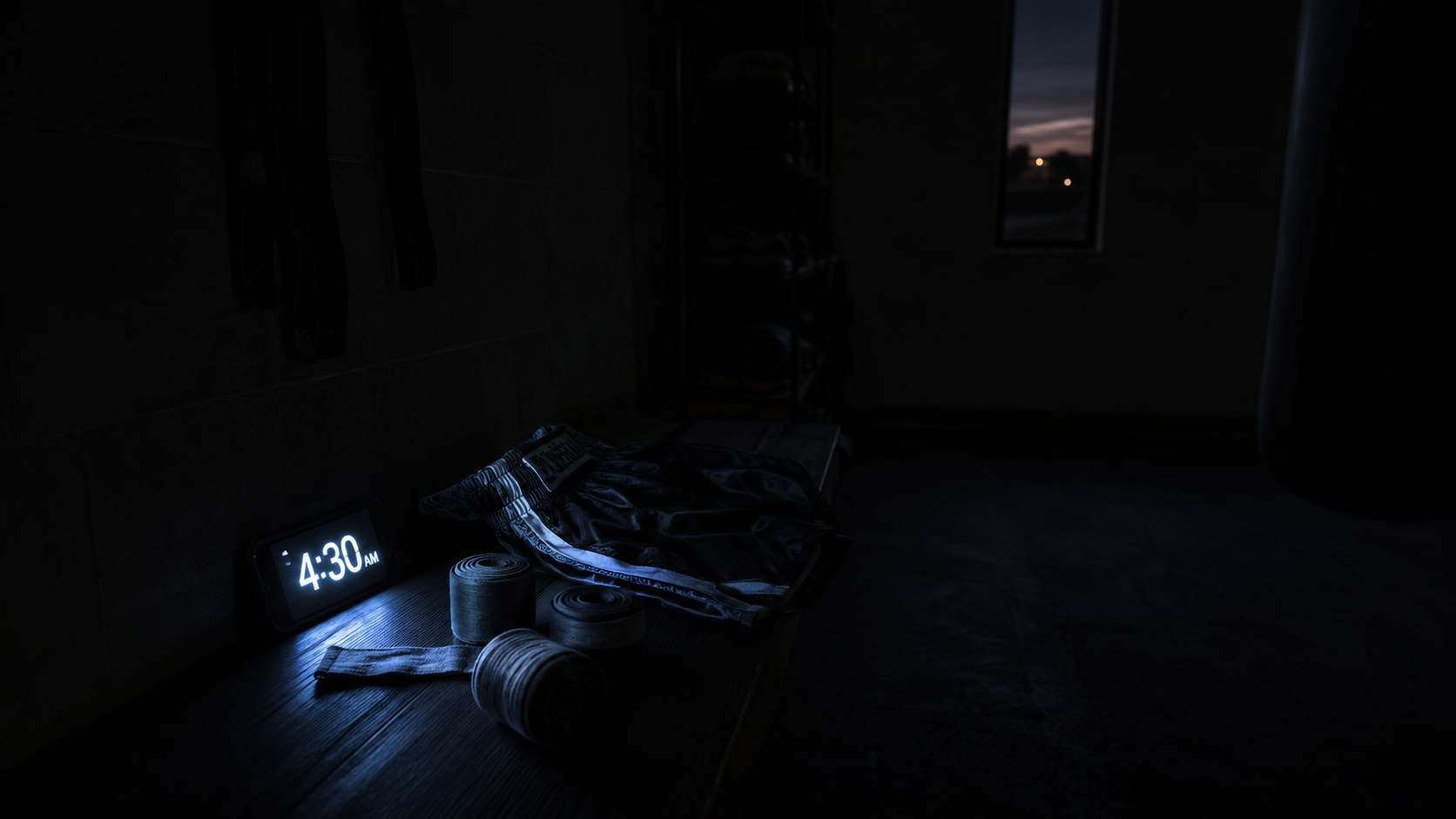Dark training room at pre-dawn with glowing phone alarm visible next to training gear, representing the sleep-versus-training tradeoff decision