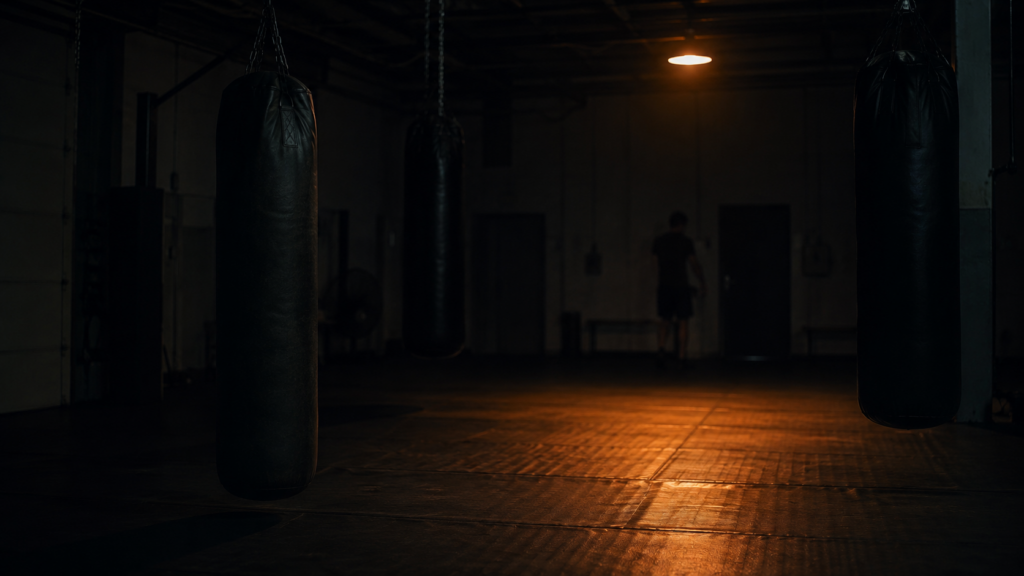 How much sleep do athletes need. Dark combat sports gym at night with heavy bags hanging under a single orange overhead light after training