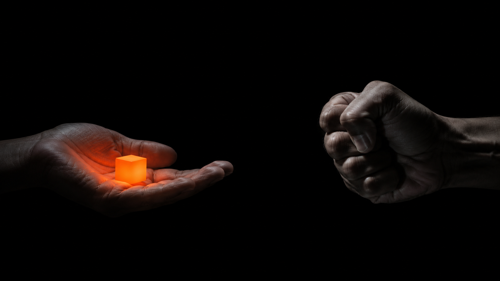 Two hands on dark background — one open with glowing orange cube (substrate), one fist — representing misreading fuel-driven fatigue as a willpower problem