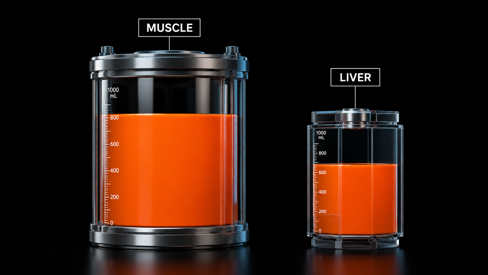 3D render of two containers representing muscle glycogen and liver glycogen storage capacity side by side