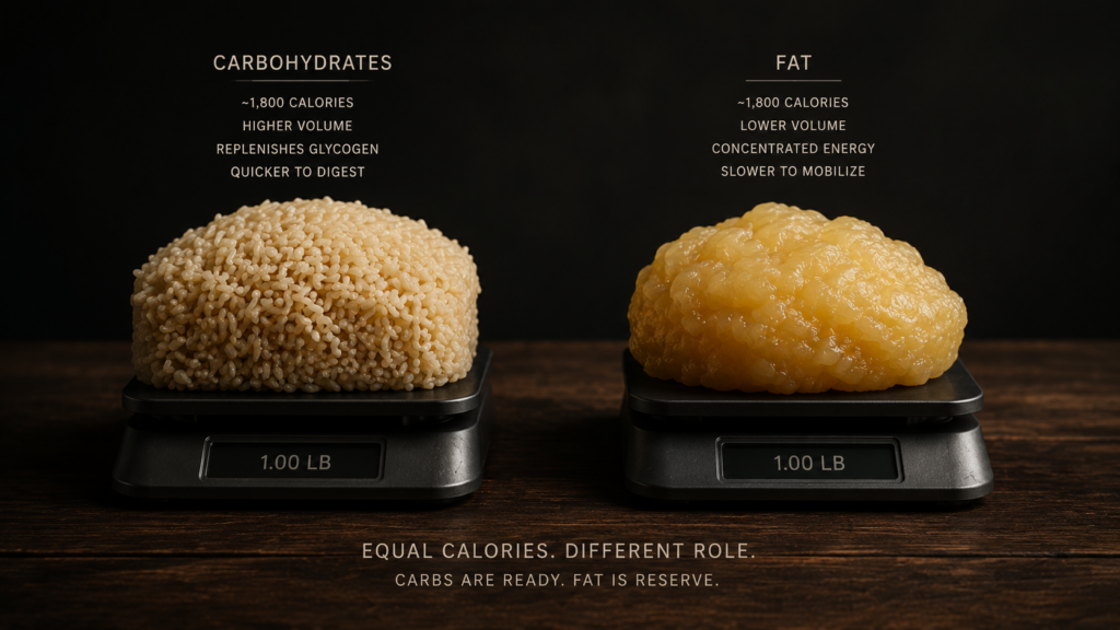 One pound of carbohydrate and one pound of fat displayed side-by-side on scales on a dark wooden table under low-key lighting, illustrating differences in energy storage and fuel use during exercise.