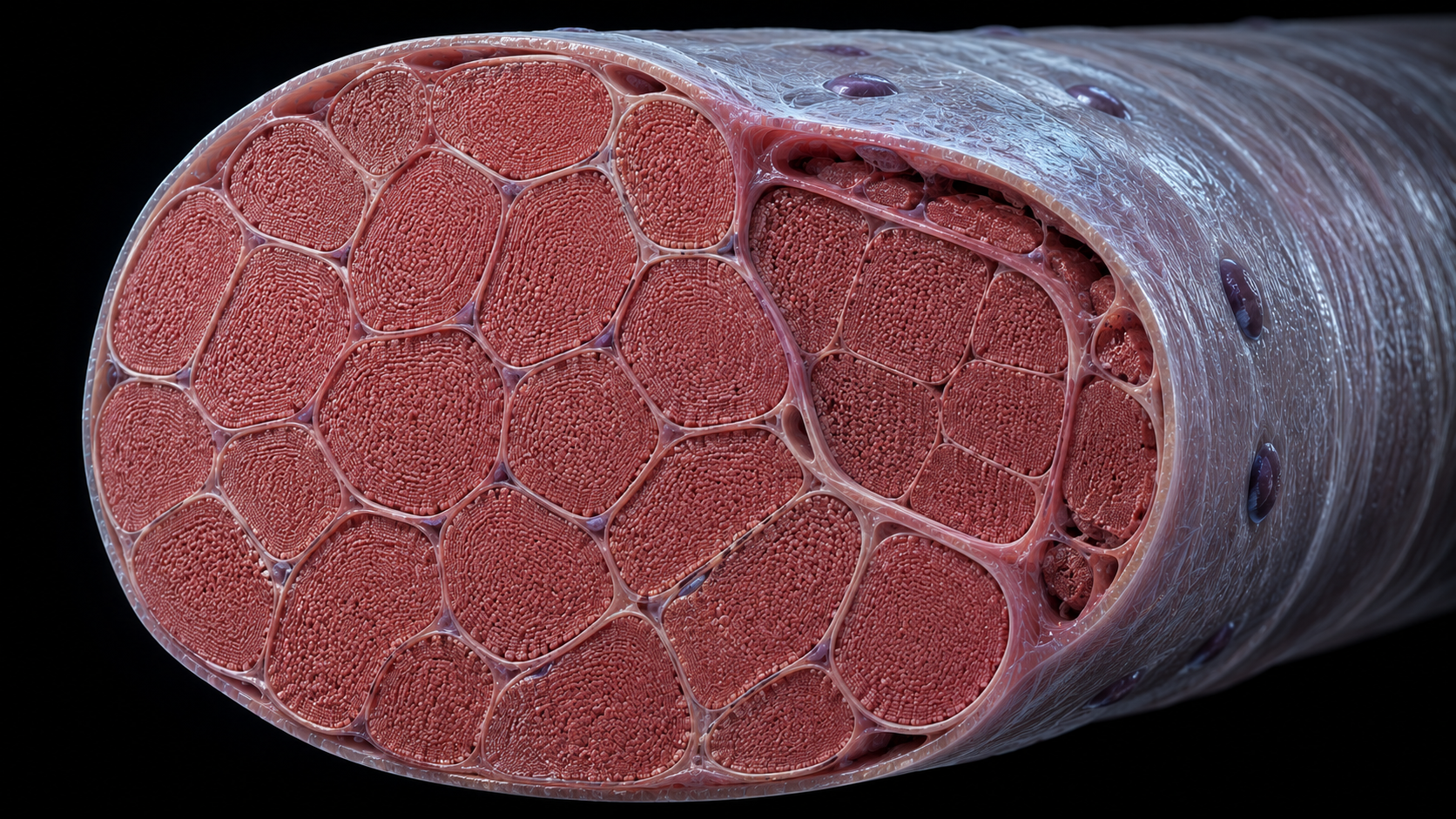 3D medical render of high mitochondrial density in a trained skeletal muscle fiber, showing the cellular adaptation that delays hitting the wall in a marathon