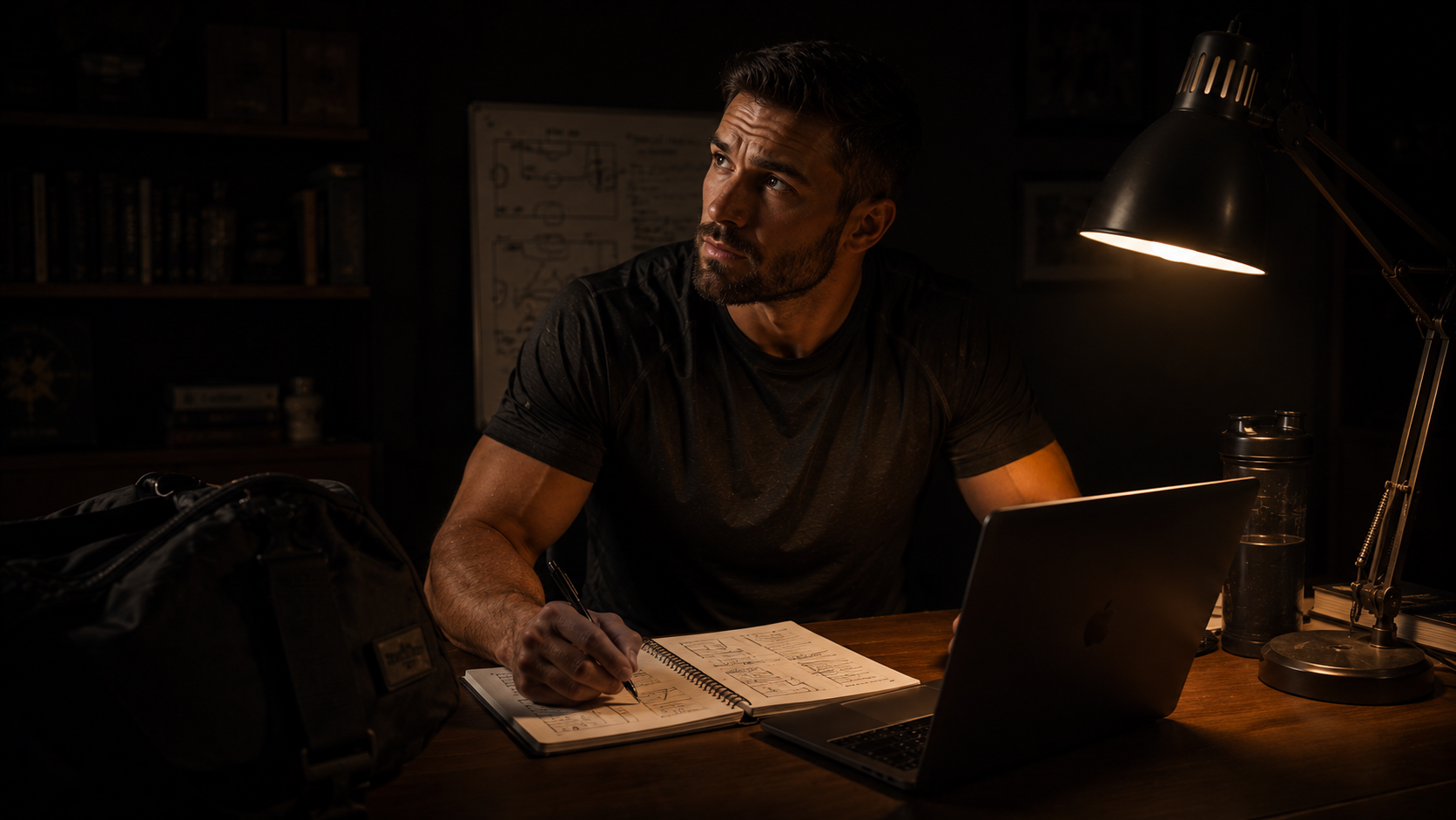 Male athlete at desk managing dual cognitive and physical demands — mental fatigue from training and cognitive work combined