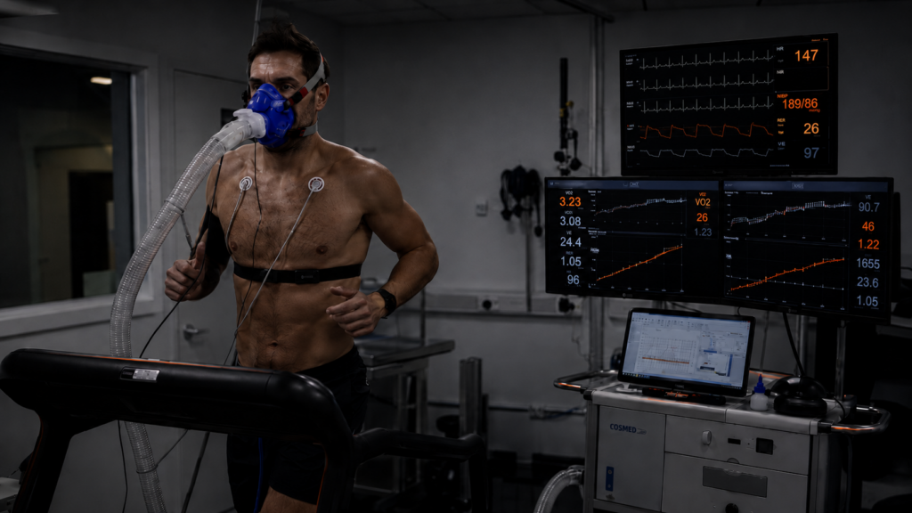 Fitness-Fatigue Model. Athlete undergoing VO2max treadmill testing in a dark exercise lab with biometric data screens.