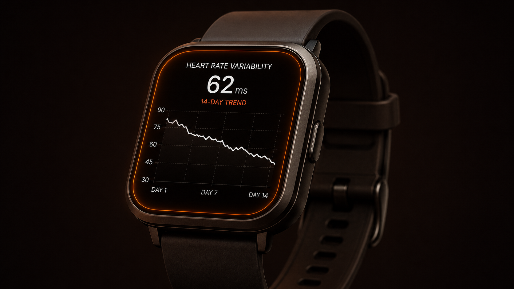 Smartwatch displaying a declining HRV trend chart over 14 days indicating increasing fatigue accumulation