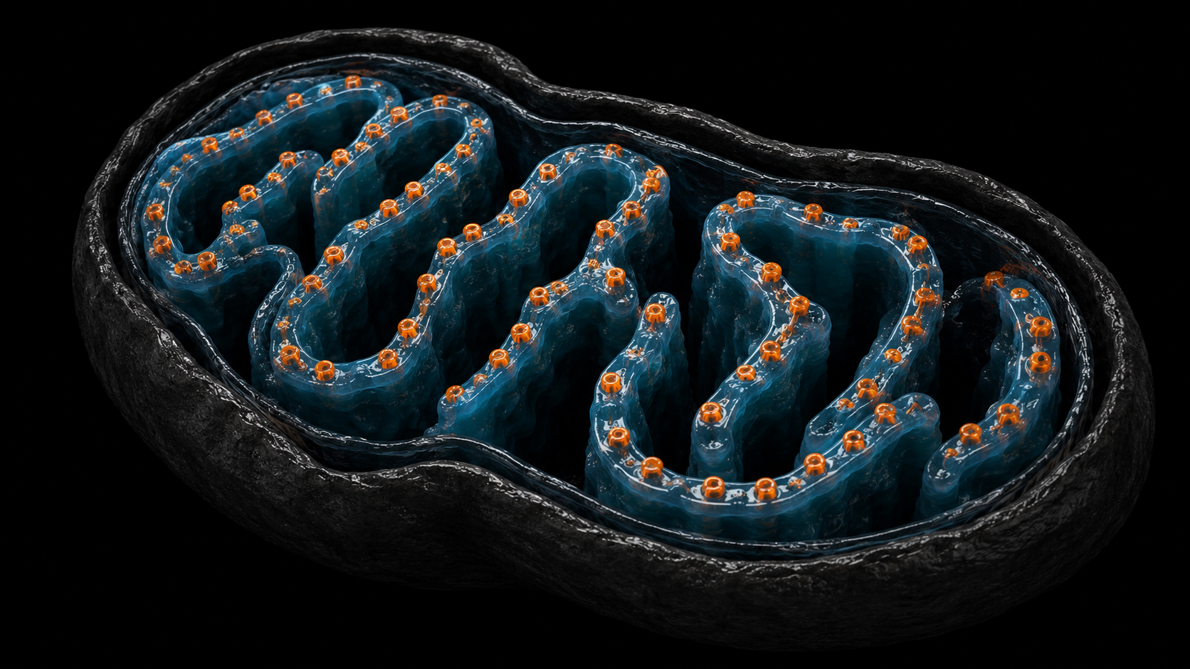 3D medical render of mitochondrion inner membrane structure with ATP synthase complexes highlighted in orange