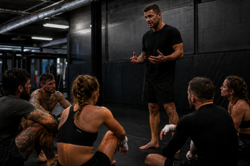Three energy systems explained. A coach explaining energy systems to tired combat sport athletes seated on gym mats after training.