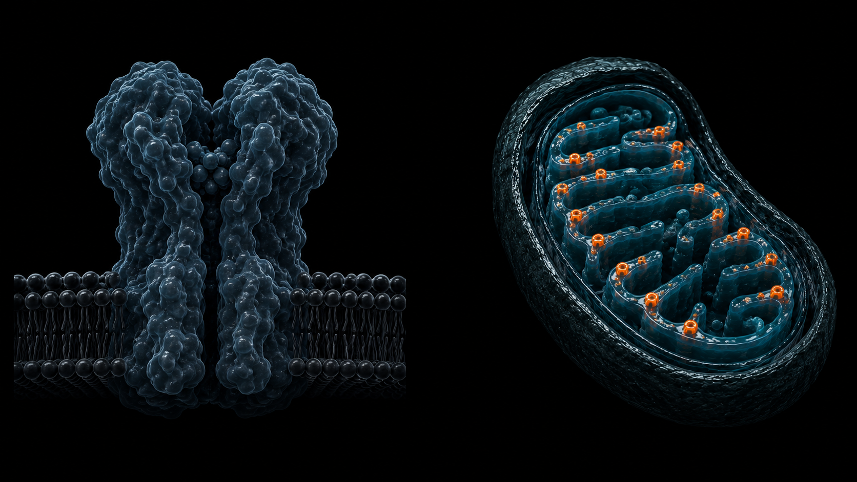 3D render of adenosine receptor (blocked, inactive) beside mitochondrion (active energy production), shown as two distinct unrelated systems
