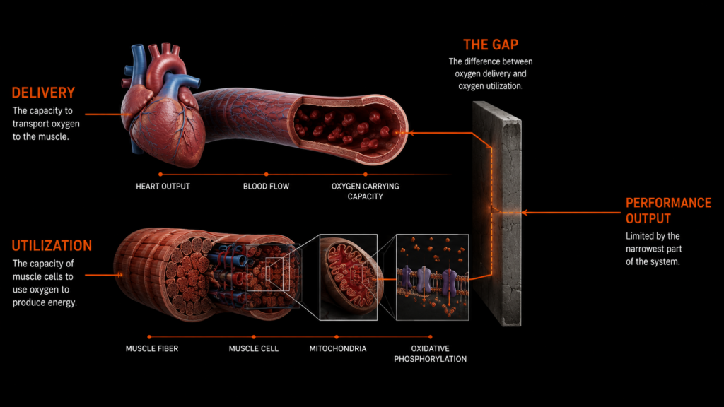 Aerobic conditioning diagram showing oxygen delivery and aerobic conditioning as two distinct physiological pathways separated at the cellular level