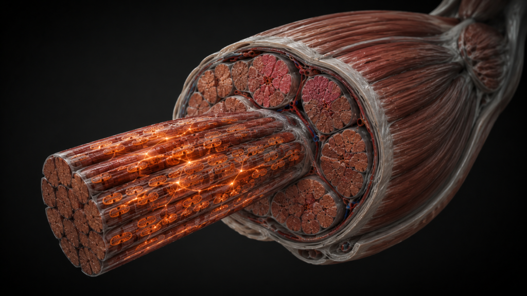 3D cellular visualization of skeletal muscle fibers showing ATP energy pathways — anaerobic energy system mechanism
