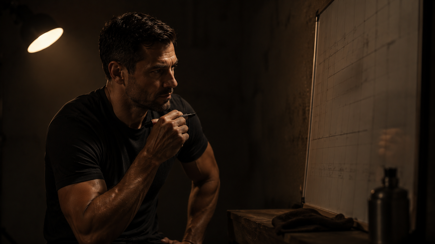 Male athlete reviewing training plan with deliberate focus, dark photorealistic setting — applying energy system knowledge