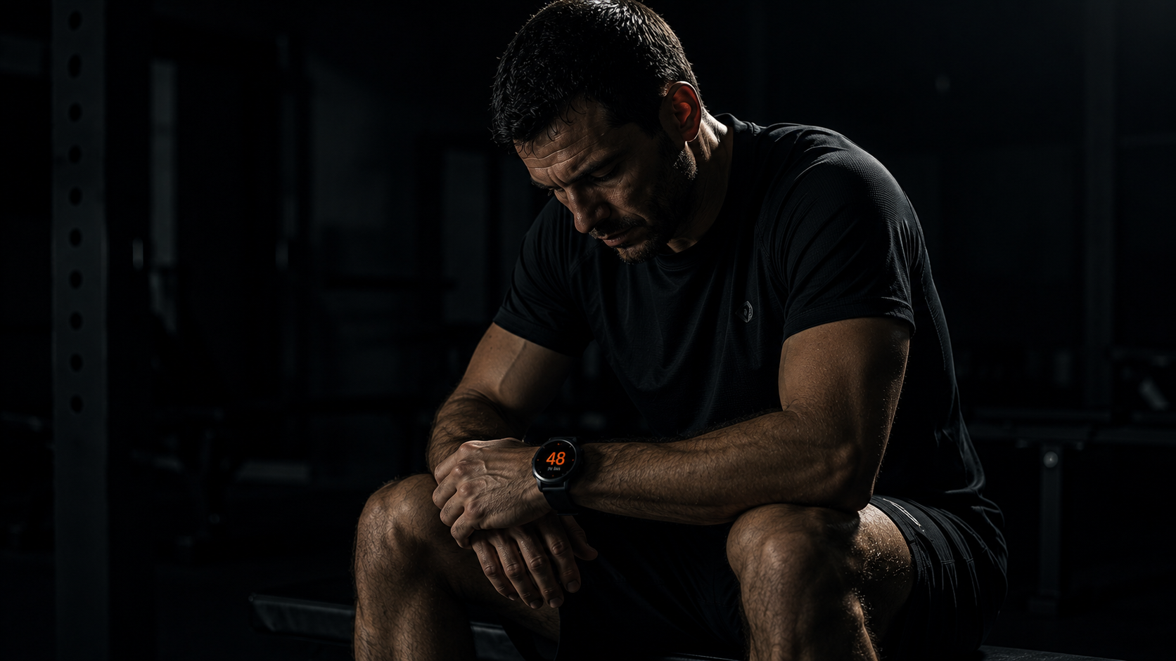 Male athlete examining HRV data on wearable device in dim gym, representing the practice of monitoring recovery capacity as an active training variable