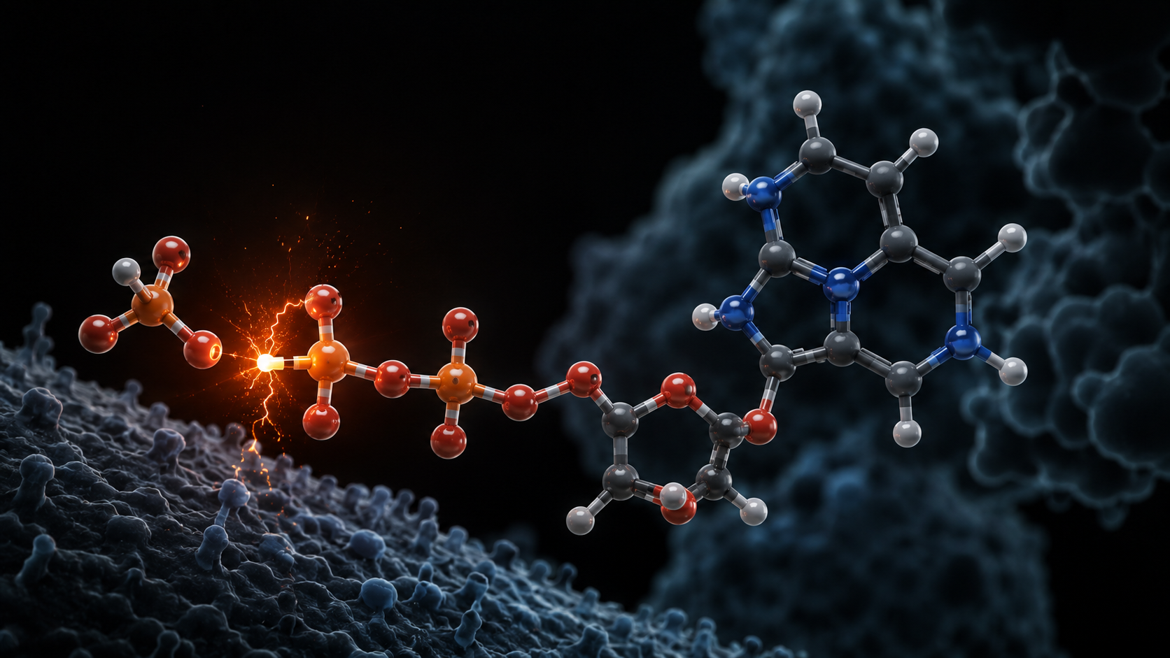 3D medical render of an ATP molecule releasing a phosphate group, the single energy currency all cellular work depends on