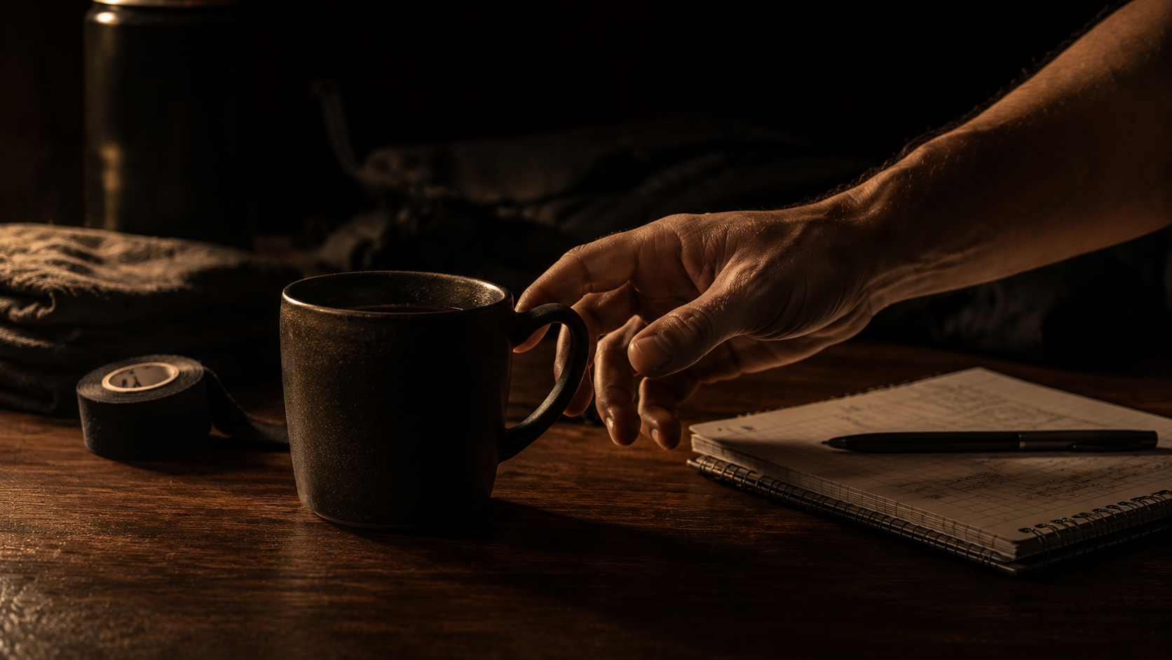 Close-up of a hand reaching for a coffee mug on a training table — the behavioral fix that modifies the perception of a cellular problem without resolving it