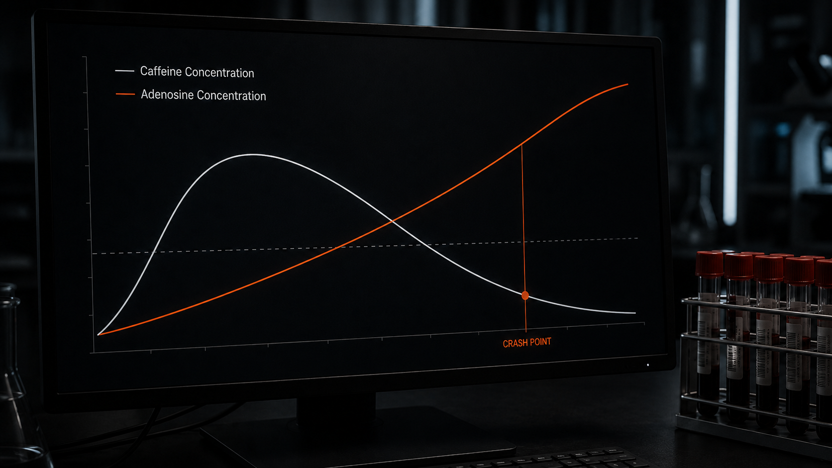 Clinical chart showing caffeine concentration declining while adenosine accumulation rises, converging at crash point
