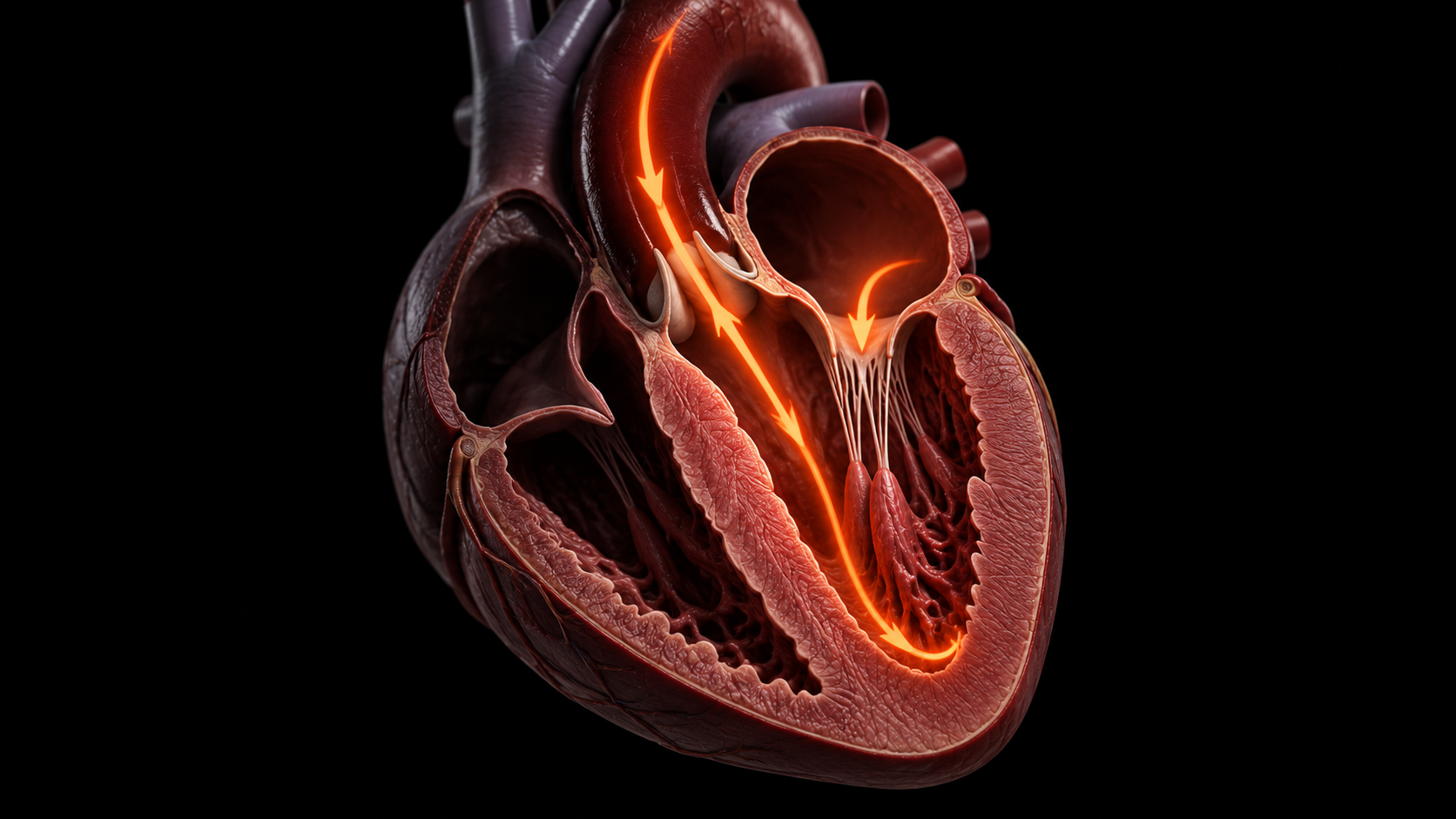 3D medical render of heart cross-section showing left ventricle and cardiac output pathway