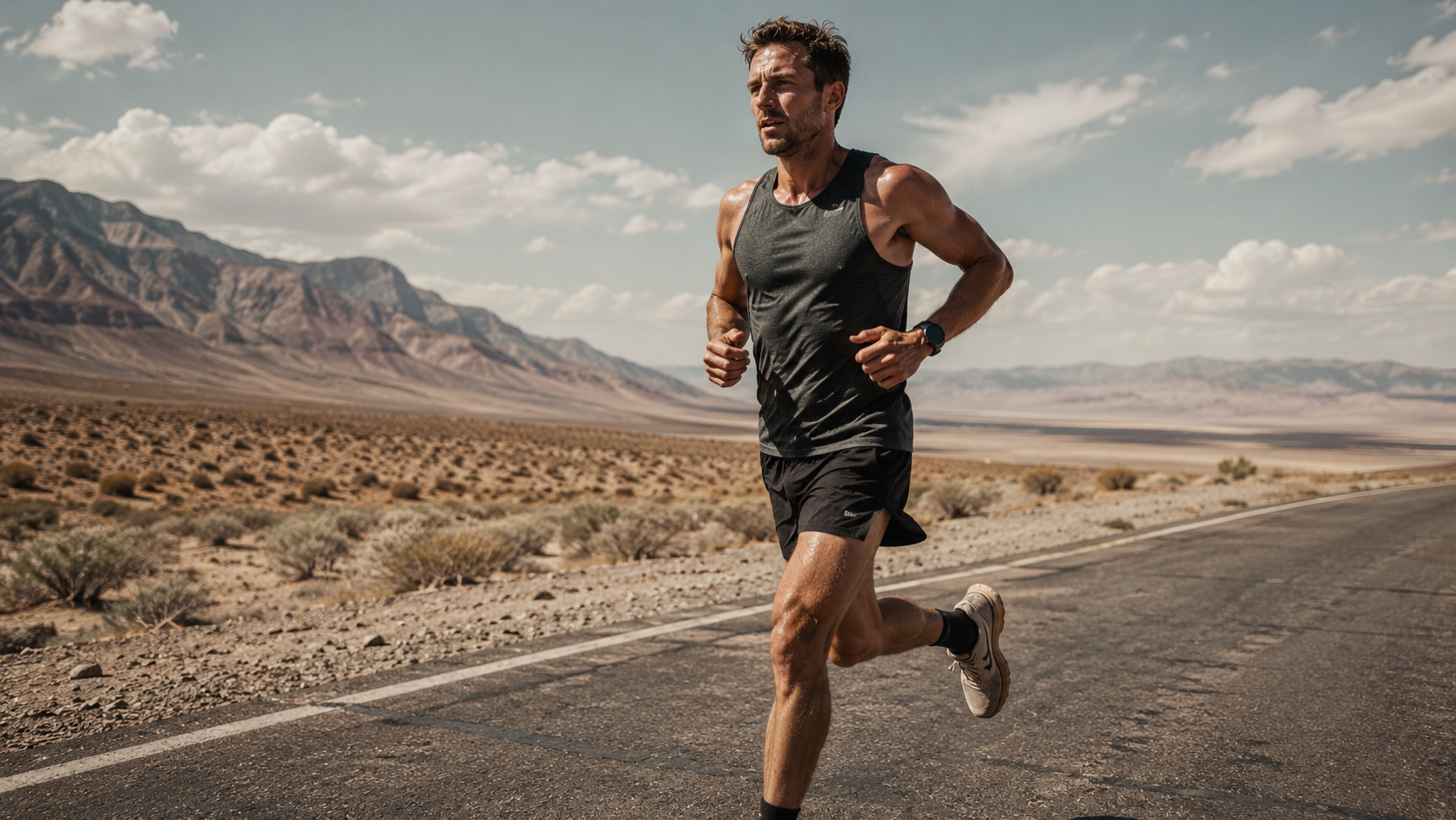 Athlete running outdoors in heat during sustained endurance effort