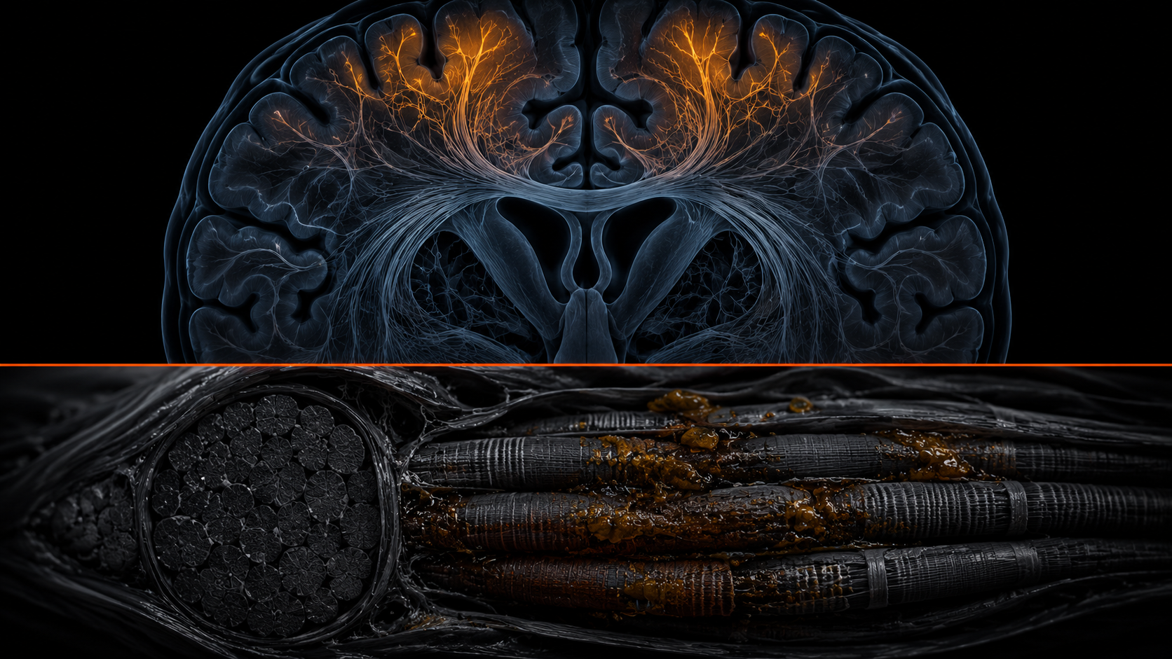 Clinical diagram showing brain (central fatigue) and muscle tissue (peripheral fatigue) as two distinct physiological systems