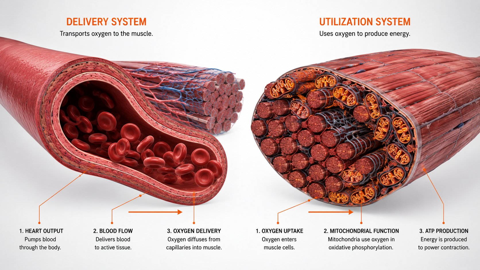 3D anatomical render showing blood oxygen delivery pathway and muscle mitochondria utilization pathway as two separate systems