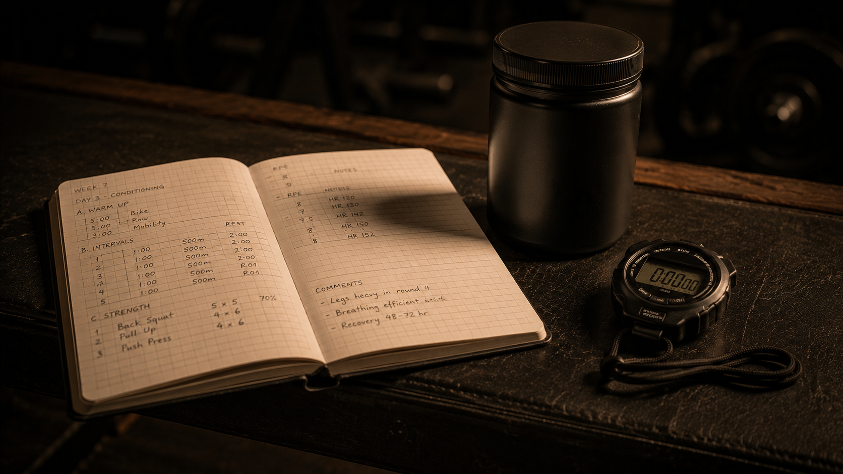 Training journal, supplement container, and stopwatch on dark gym surface representing structured application of energy system framework