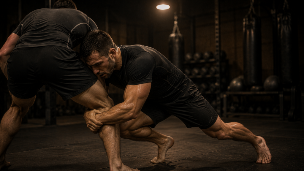 Combat sports athlete mid-conditioning drill showing signs of compounded PCr deficit from incorrect rest intervals in dark gym