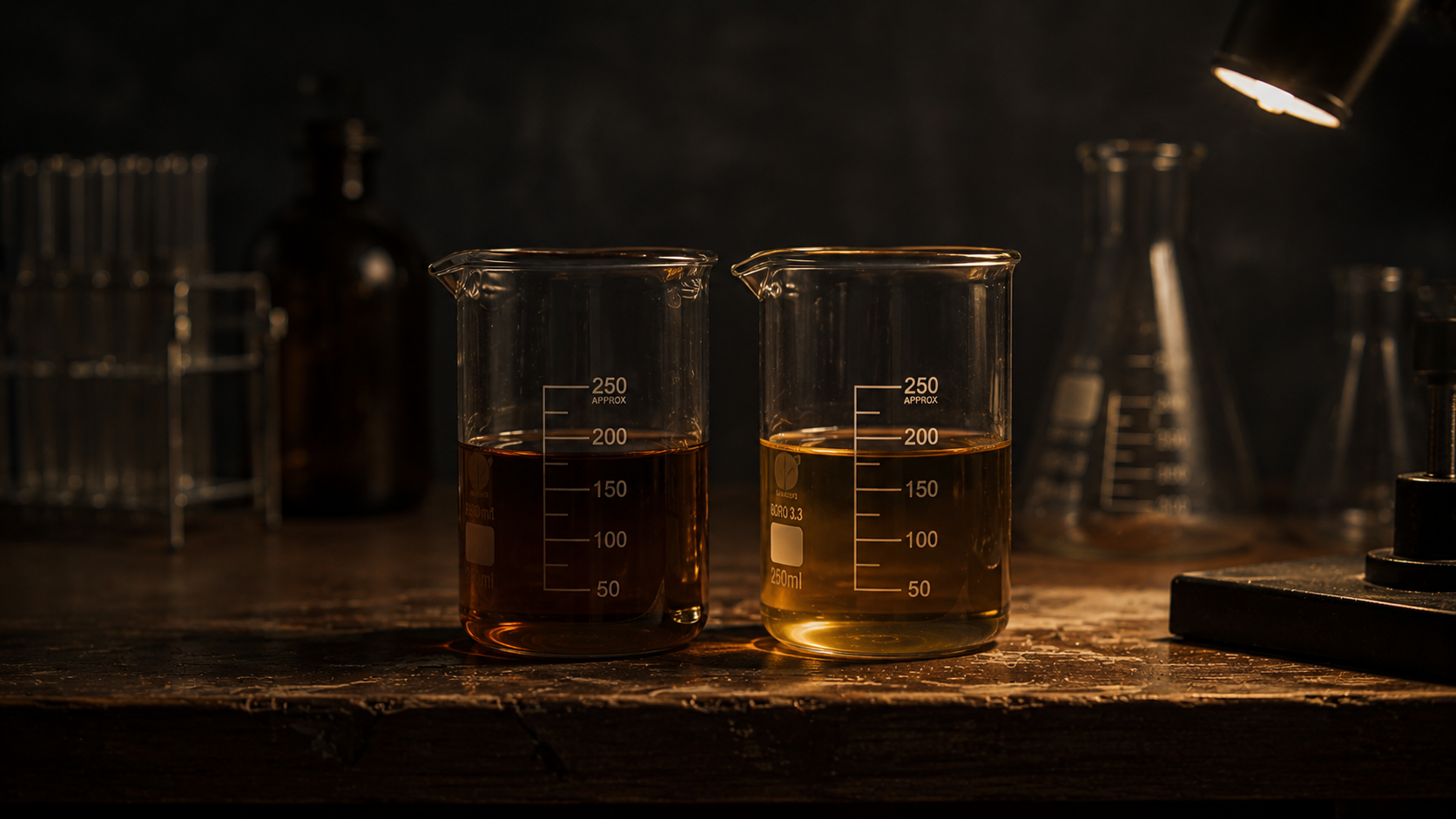 Two beakers in dim lab setting — fat adaptation changes the metabolic ratio but does not eliminate carbohydrate dependence