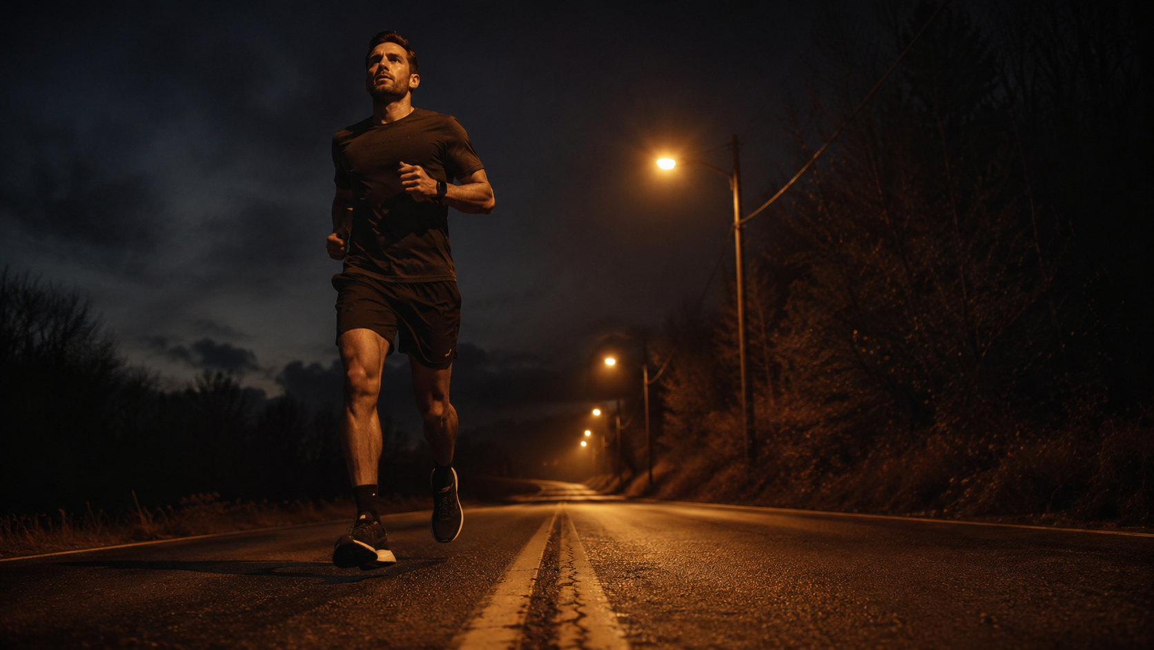 Energy in fat vs. carbohydrate. Athlete running at dusk with heart rate monitor — fuel use is governed by cellular events, not zone numbers