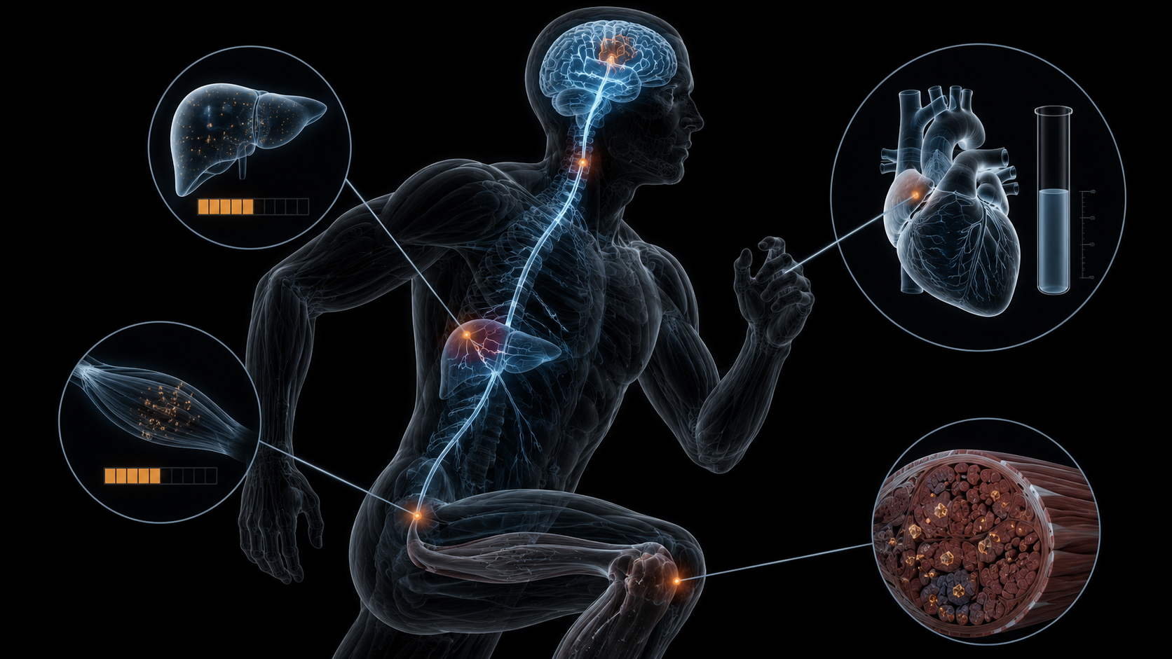 3D anatomical render of four physiological systems deteriorating in parallel — glycogen, cardiac drift, peripheral fatigue, central governor