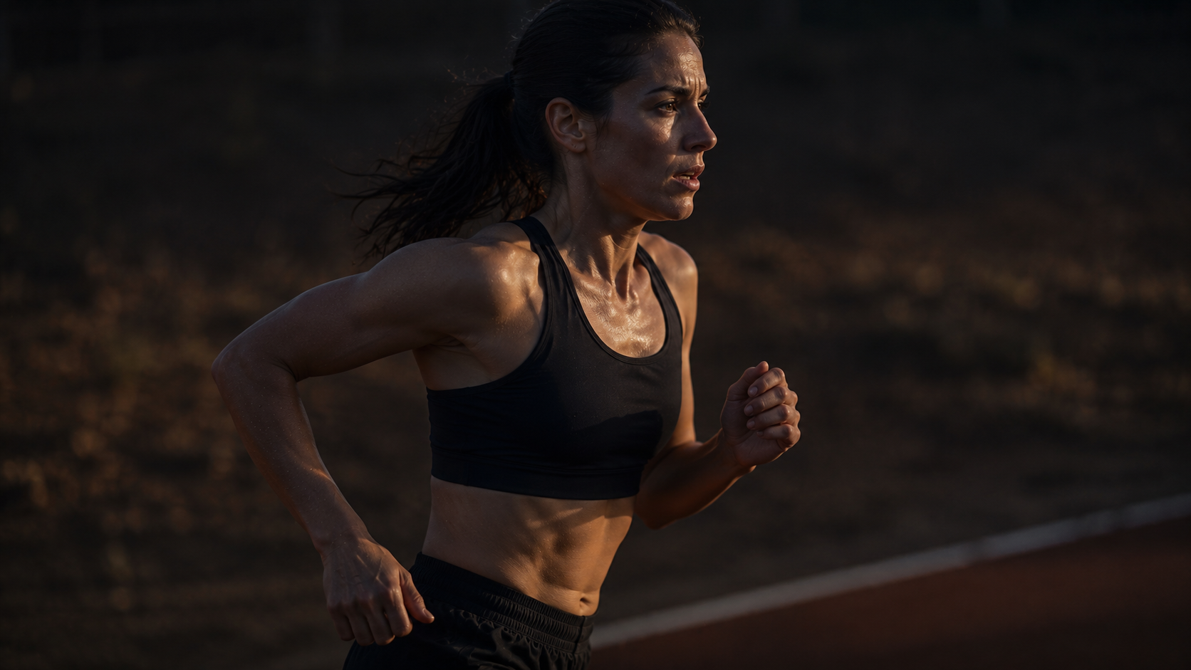 Female endurance runner mid-session showing signs of glycogen dependency and elevated perceived exertion at moderate intensity