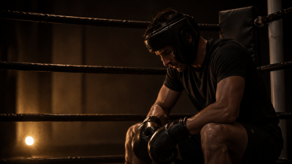 Lean male athlete seated in low light, posture still, suggesting the energy paradox underlying glycogen depletion