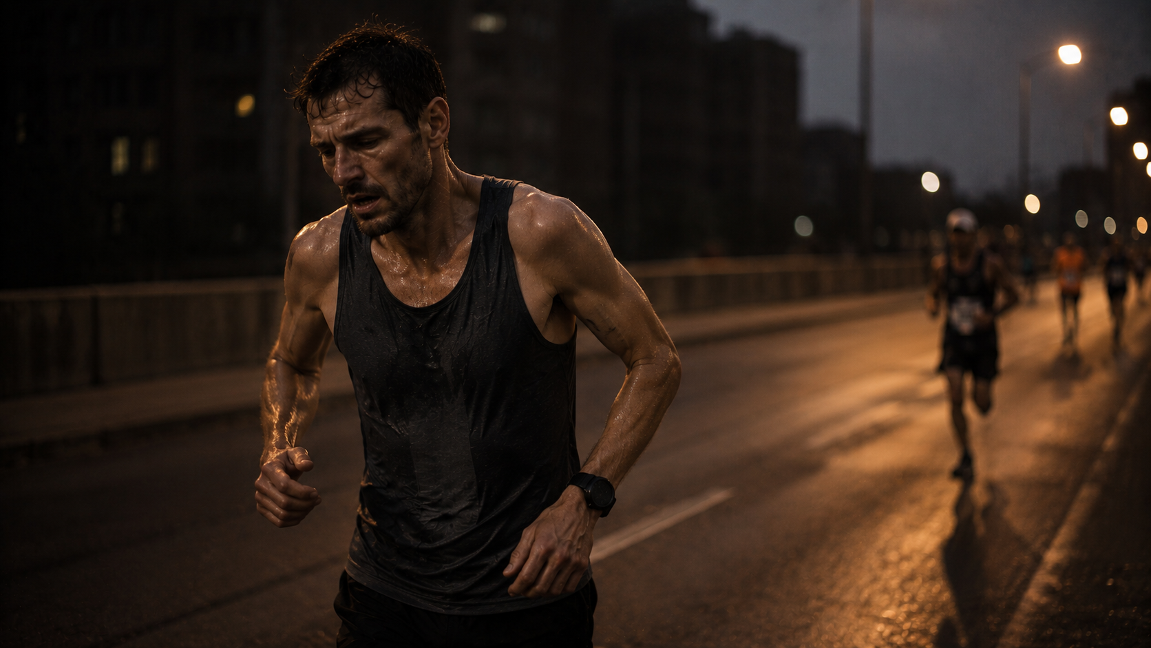 Male marathon runner experiencing late-race performance decline from glycogen depletion and central governor regulation at mile 20
